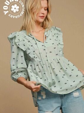 Umgee Ruffled Tie-Front Peasant Blouse with bows  - Mint Green
